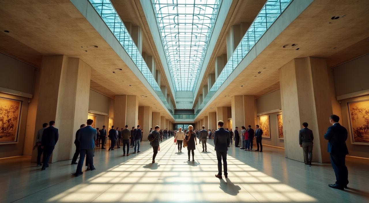 Vista panoramica moderna di un museo a Roma con visitatori